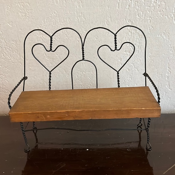 Vtg Oak Hand Crafted Double Hearts Wire & Wood Garden Bench for Bears/Dolls 11" - Picture 1 of 2